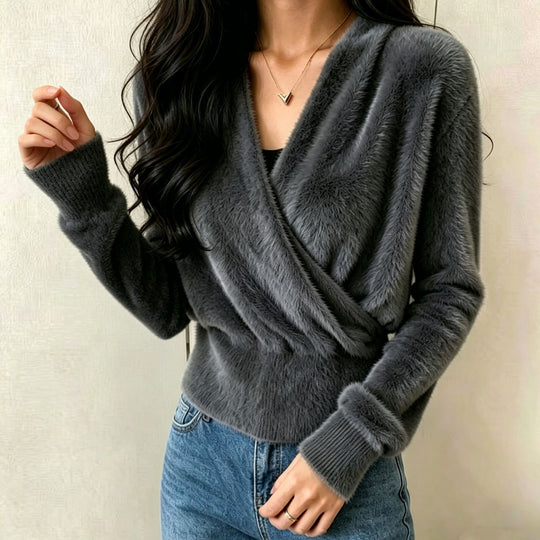 Damen Kuscheliger Wickel‑Pullover aus Faux‑Fur mit tiefem V‑Ausschnitt Shop Nory