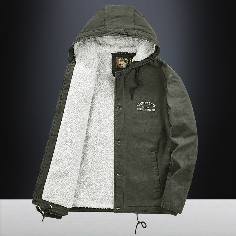 Herren Canvas-Kapuzenjacke mit durchgehendem Teddyfutter, Zwei-Wege-Reißverschluss und Kordzugsaum Shop Nory