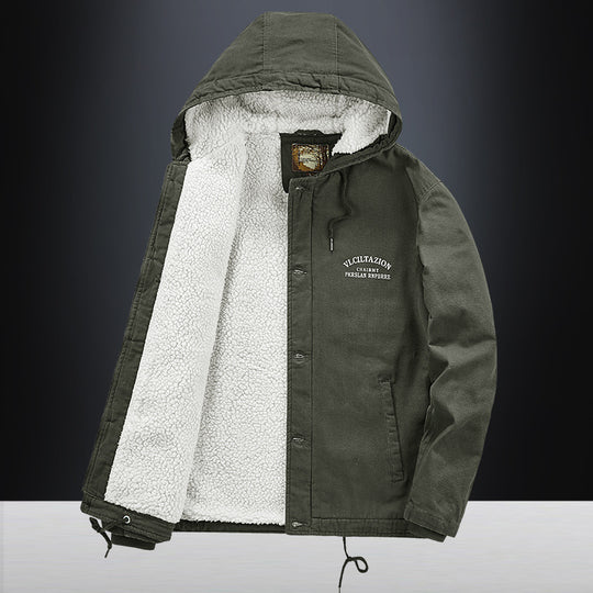 Herren Canvas-Kapuzenjacke mit durchgehendem Teddyfutter, Zwei-Wege-Reißverschluss und Kordzugsaum Shop Nory