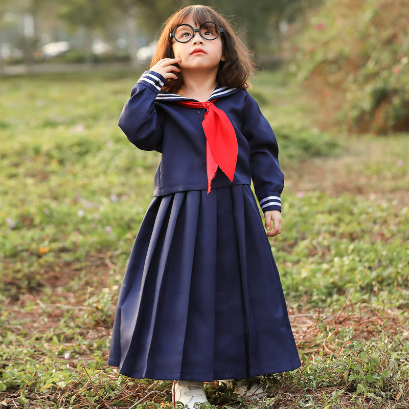 Mädchen Matrosenkleid mit großem Kragen und rotem Halstuch Shop Nory