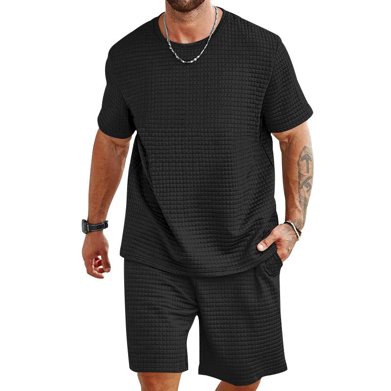 Herren nan Waffelstruktur Wohn- und Freizeit-Set mit weit geschnittenem Kurzarmshirt und kurzer Hose mit elastischem Bund