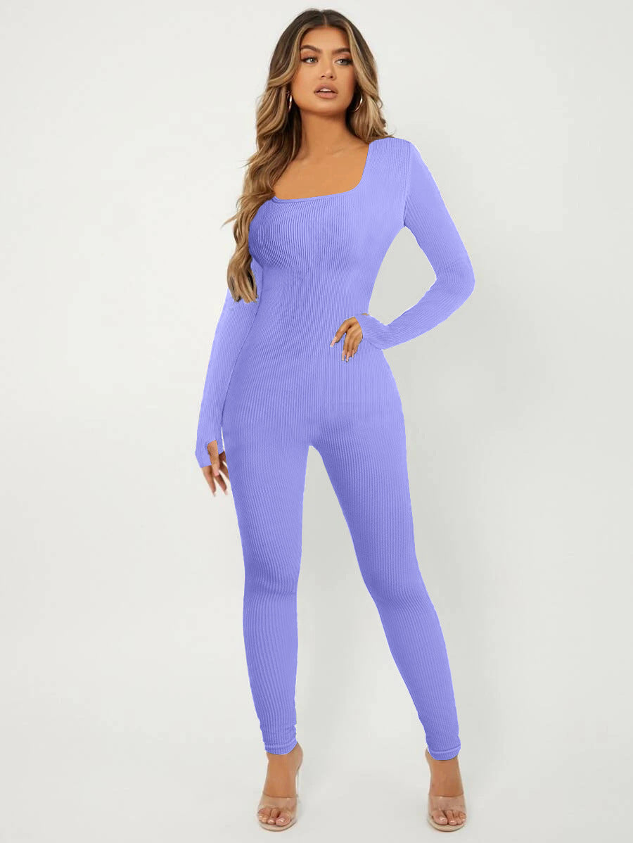 Damen Langarm Jumpsuit im eleganten Rippenmuster