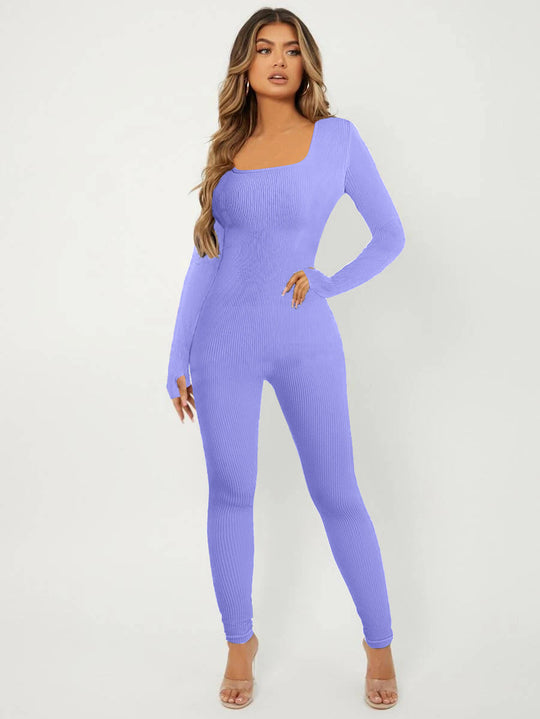 Damen Langarm Jumpsuit im eleganten Rippenmuster