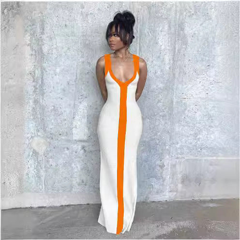 Damen elegantes Maxikleid mit tiefem V-Ausschnitt und kontrastierendem Streifen