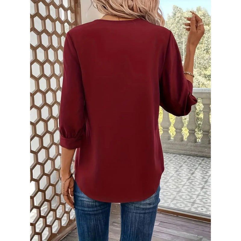 Damen Elegante ViskosShopnoryluse mit 3/4-Ärmeln und V-Ausschnitt