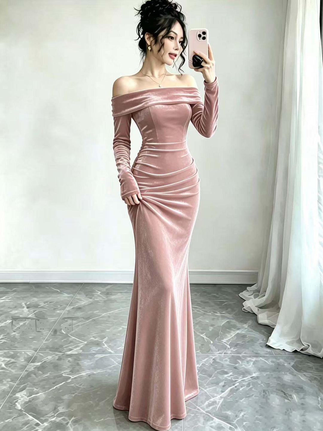 Damen Langes Samtabendkleid mit Carmenausschnitt und tiefem Rückenausschnitt Shop Nory