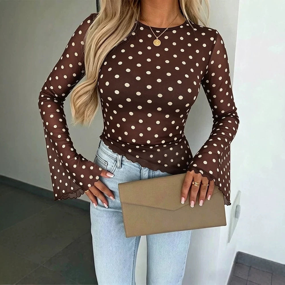 Damen Transparente Mesh-Polka‑Dot-Bluse mit taillierter Passform und Glockenärmeln Shop Nory