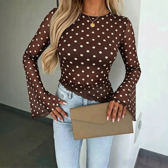 Damen Transparente Mesh-Polka‑Dot-Bluse mit taillierter Passform und Glockenärmeln Shop Nory