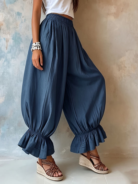 Damen Weite Haremshose mit Gummizug, gerafften Beinen und Volant-Saum Shop Nory