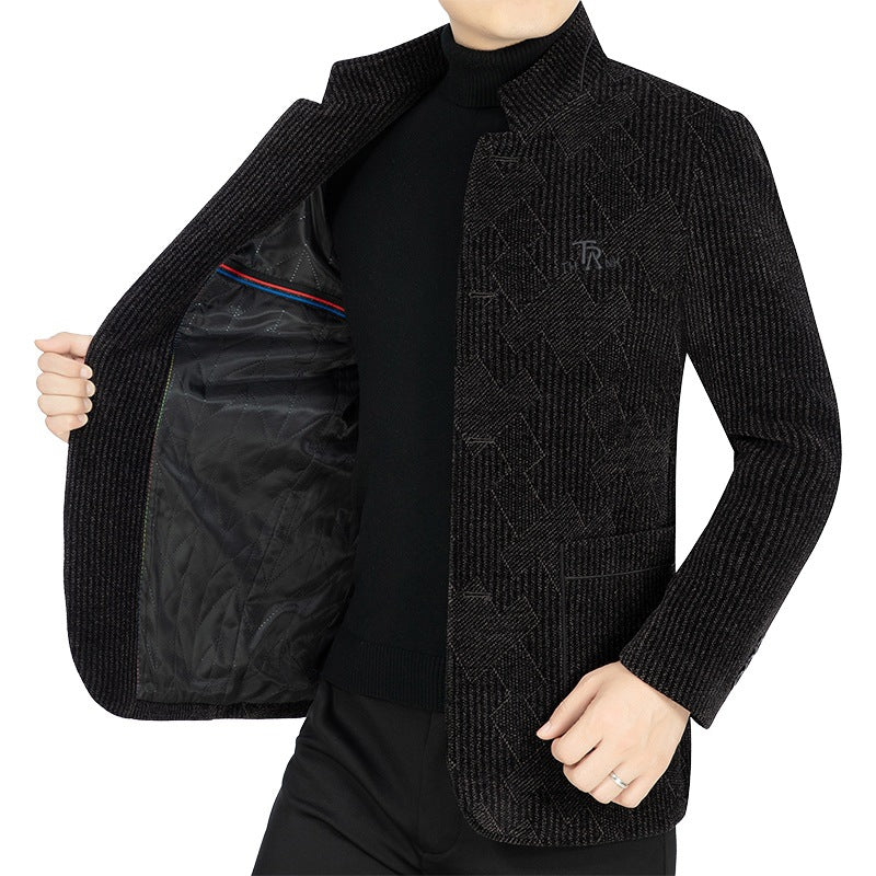 Herren Moderner Stehkragen-Blazer im Bouclé-Look mit feiner geometrischer Struktur Shop Nory