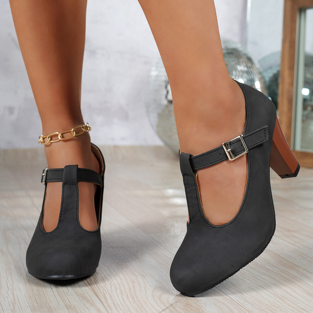 Damen elegante T-Strap Absatzschuhe