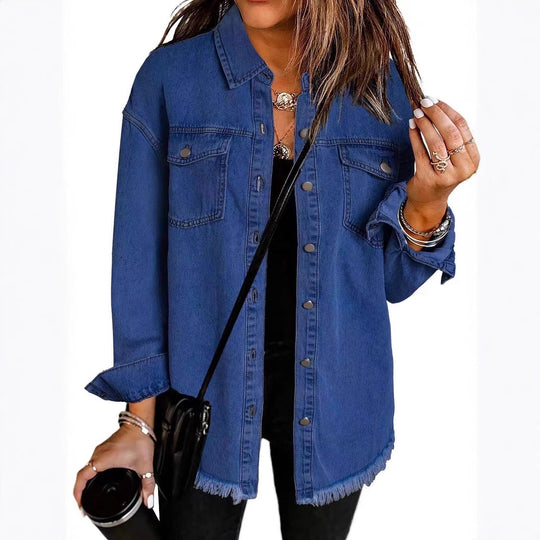 Damen Oversize Jeanshemdjacke mit Fransensaum Shop Nory