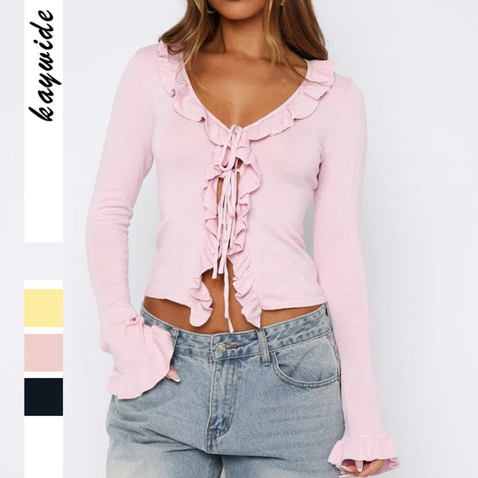 Damen nan tailliertes Rüschen-Feinstrick-Cardigan mit Bindeband, V-Ausschnitt und Volantärmeln Shop Nory