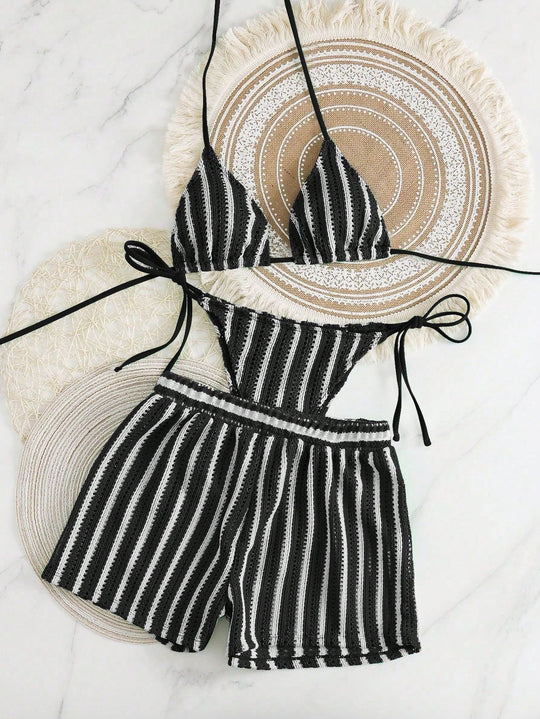 Damen Bikini-Set mit gerafftem Oberteil und hoch taillierten Shorts