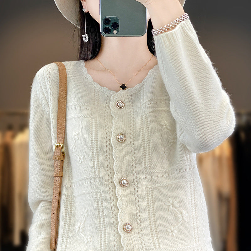 Damen Verzierter Strickcardigan mit Perlenknöpfen und Ajour‑Stickerei Shop Nory