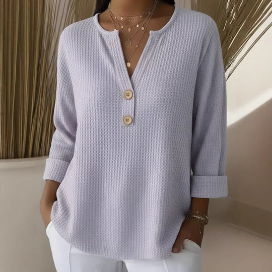 Damen Waffelstrick-Henleyshirt mit Holzknöpfen und krempelbaren Ärmeln Shop Nory