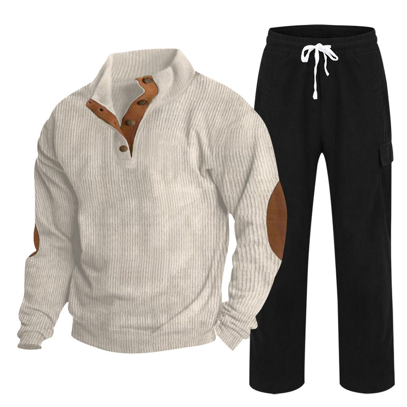 Herren Gemütliches Freizeit-Set aus Waffelstrick-Henley mit Ellenbogenpatch und Relax-Cargo-Hose Shop Nory