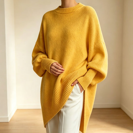 Damen Oversize Longline Feinstrick-Pullover mit Raglanärmeln und geripptem Saum Shop Nory