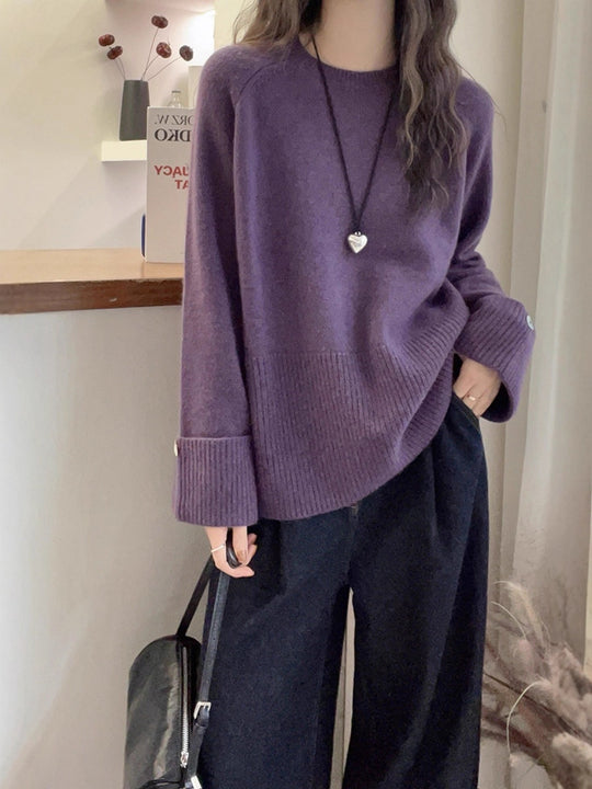 Damen Oversize‑Feinstrickpullover mit breitem Rippbund, extraweiten Ärmelabschlüssen und Zierknopf Shop Nory