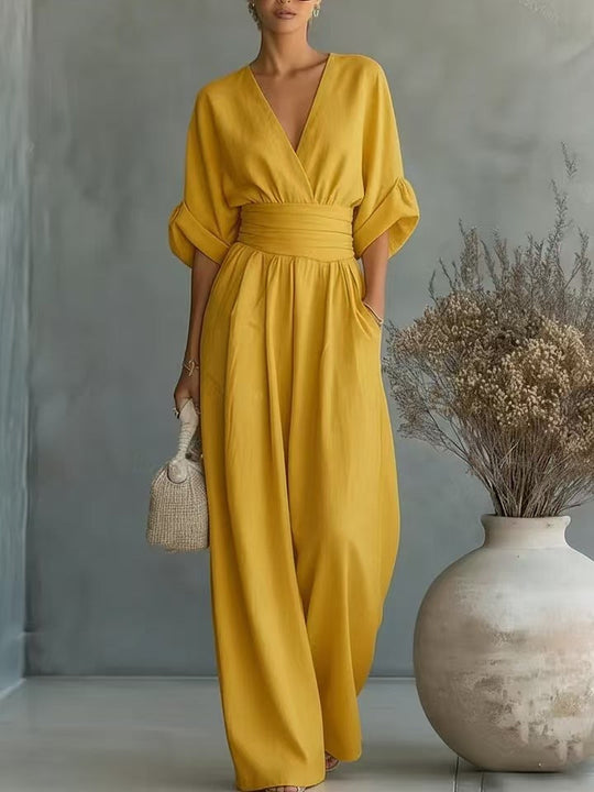 Damen Jumpsuit mit elegantem V-Ausschnitt und weitem Bein R&B