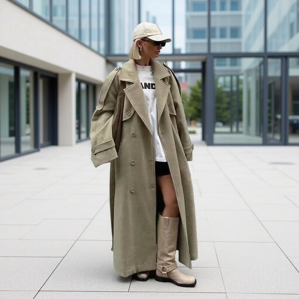 Damen Oversize-Langmantel im Trenchcoat‑Stil mit doppelreihiger Knopfleiste und Schulterklappen Shop Nory