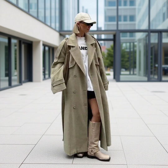 Damen Oversize-Langmantel im Trenchcoat‑Stil mit doppelreihiger Knopfleiste und Schulterklappen Shop Nory