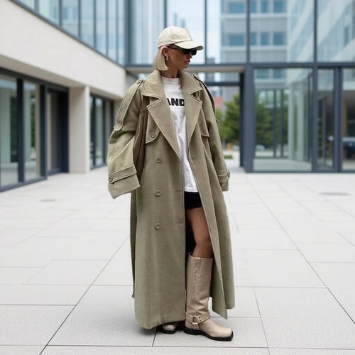 Damen Oversize-Langmantel im Trenchcoat‑Stil mit doppelreihiger Knopfleiste und Schulterklappen Shop Nory