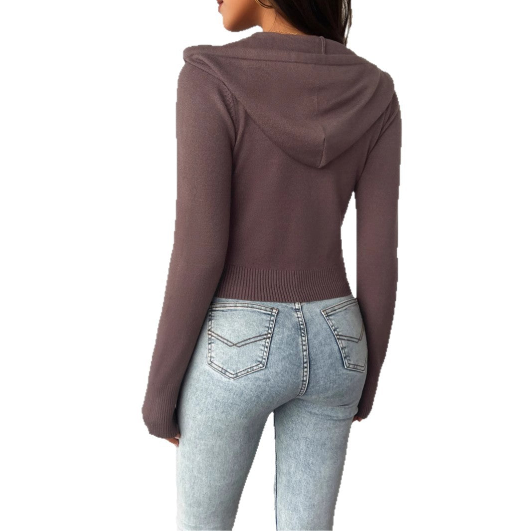 Damen nan taillierte Kapuzen-Strickjacke mit durchgehendem Reißverschluss, Cropschnitt und geripptem Bund Shop Nory