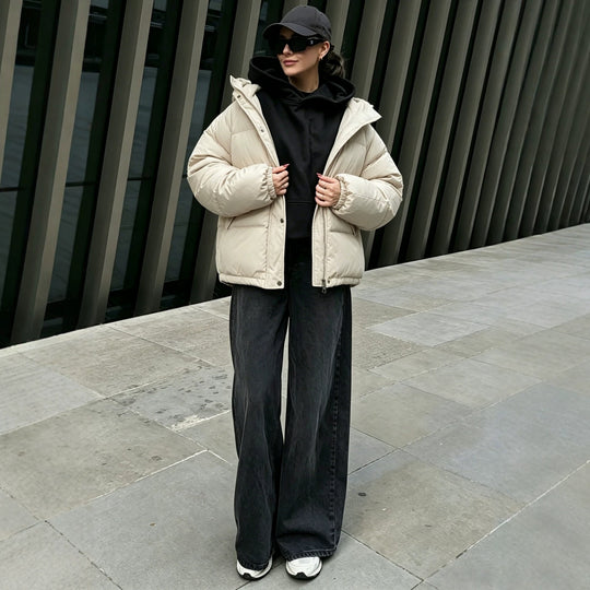 Damen Oversize-Steppmantel mit Kapuze, Druckknopfleiste und elastischem Saum Shop Nory