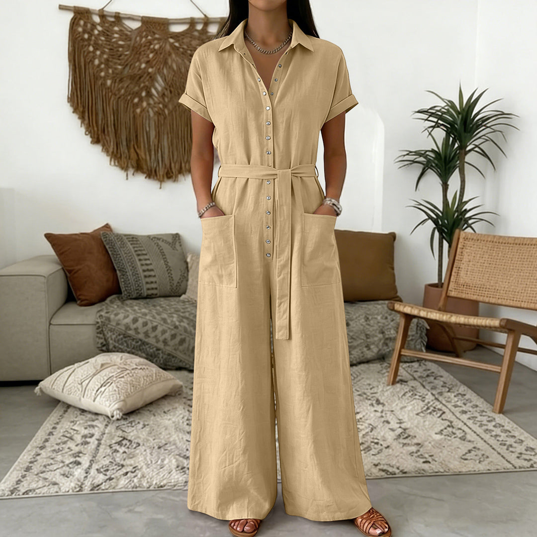 Damen Hemdblusen-Jumpsuit mit weitem Bein, Aufgesetzten Taschen und Bindegürtel Shop Nory