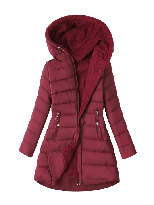 Damen Taillierter Steppmantel mit Oversize-Kapuze, kuscheligem Teddyfutter und Zierringen am Reißverschluss Shop Nory