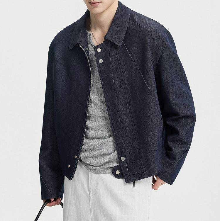 Herren Boxy-Jeansjacke im Minimalstil mit Hemdkragen und verdeckter Druckknopfblende Shop Nory