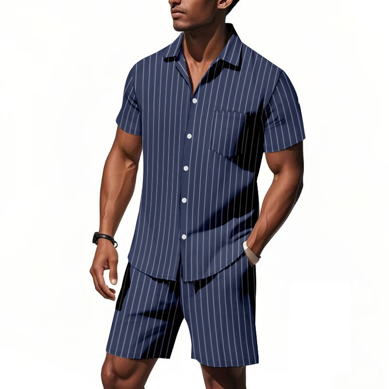 Herren Kurzarm-Pyjama-Set mit dezentem Streifenmuster und praktischer Brusttasche ShopNory
