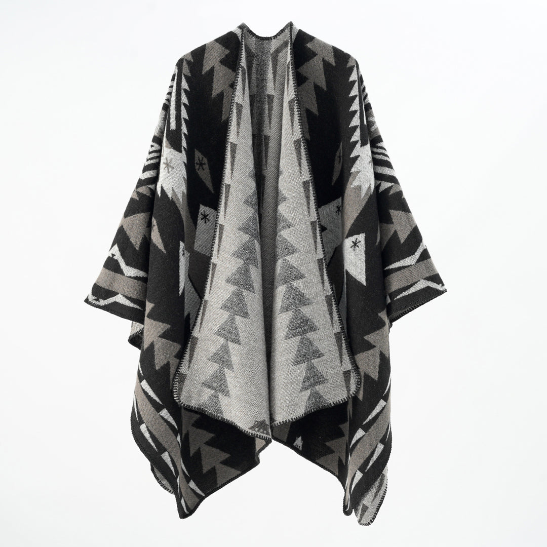 Damen Wollmix-Umhang mit grafischem Ethno‑Muster und Zierkettelnaht Shop Nory