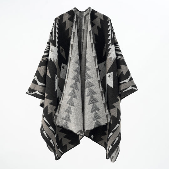 Damen Wollmix-Umhang mit grafischem Ethno‑Muster und Zierkettelnaht Shop Nory