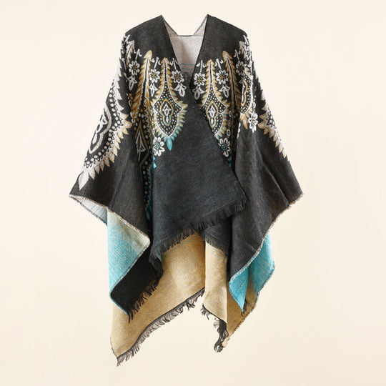 Damen Reversibler Jacquard-Wickelponcho im Oversize-Kaftan mit Fransensaum Shop Nory