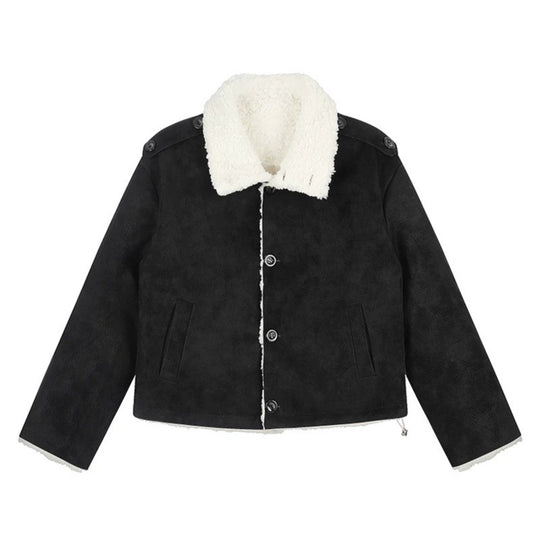 Damen Kurzgeschnittene Lammfell‑Optik Fliegerjacke mit Teddyfutter und Reverskragen Shop Nory