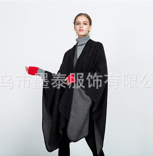 Damen Weichfallender Wende-Poncho‑Ruana aus Wollmix mit V‑Ausschnitt und Zierstich Shop Nory