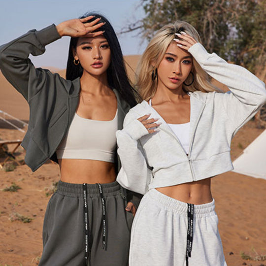 Damen Zweiteiliges Cropped Reißverschluss-Hoodie mit elastischer High-Waist Jogginghose Shop Nory