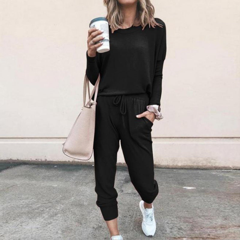 Damen Lässiges Lounge-Set mit Rundhalsausschnitt, Kordelzug-Hose und Bündchen Shop Nory