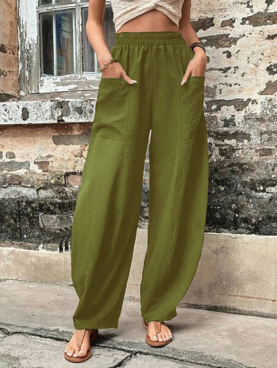 Damen Weite Leinenhose mit elastischem Bund, aufgesetzten Taschen und lässigem Harem-Schnitt Shop Nory