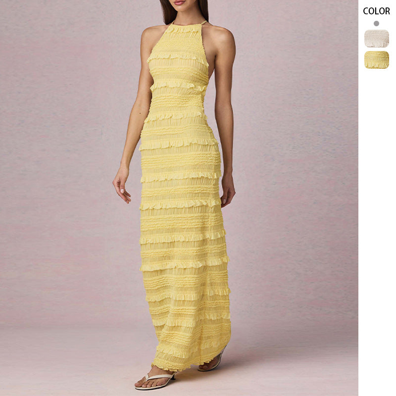 Damen Maxi-Kleid mit fransendem Design und elegantem Halterneck