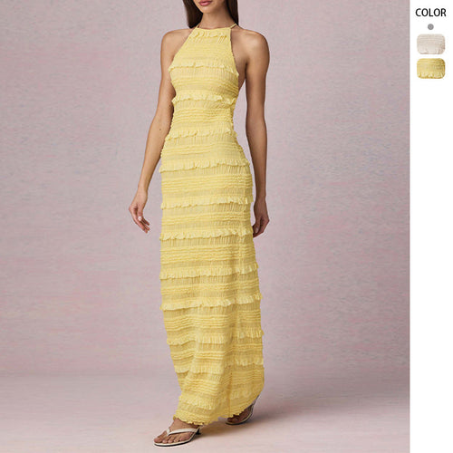 Damen Maxi-Kleid mit fransendem Design und elegantem Halterneck
