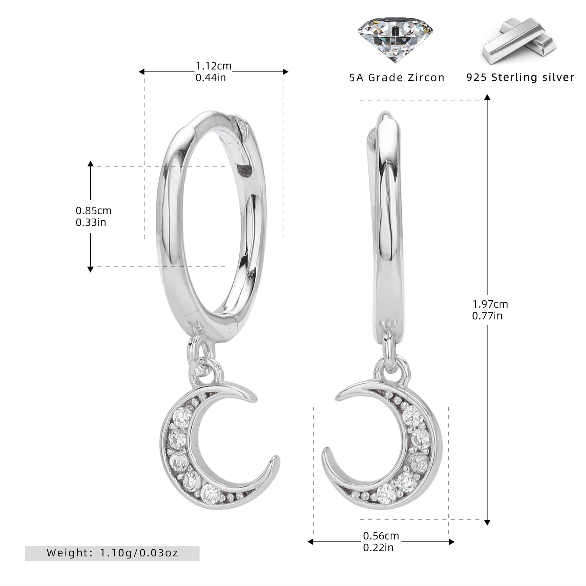 Damen Ohrhänger mit Mondmotiv aus 925 Sterling Silber und funkelnden Zirkonsteinen Shop Nory