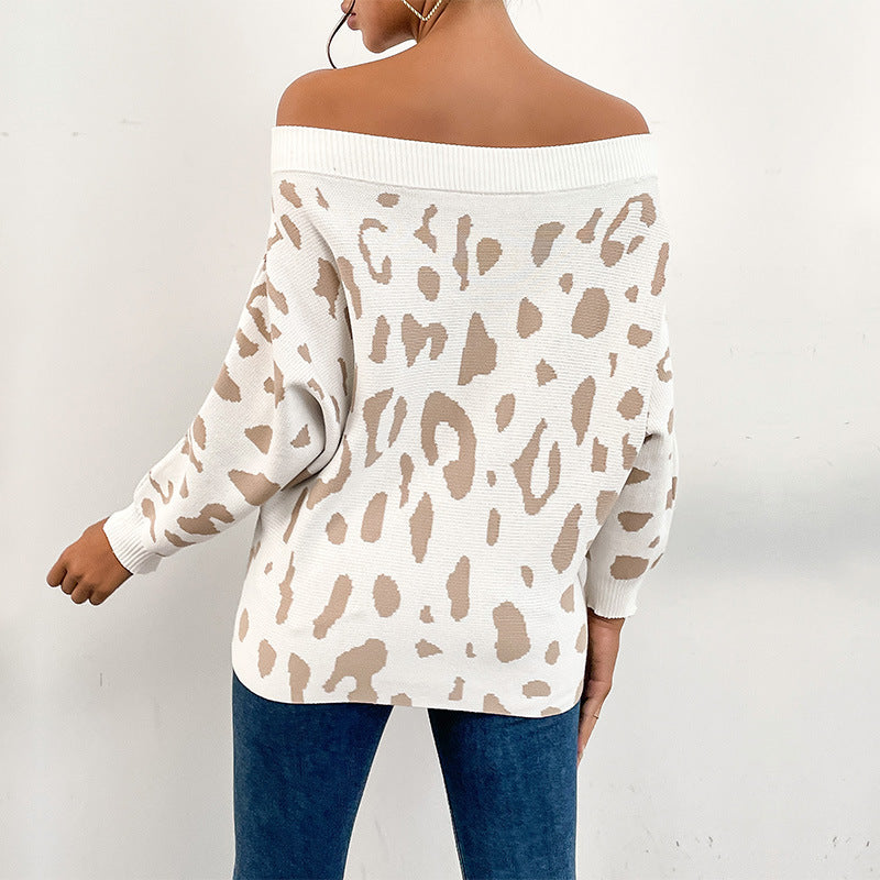 Damen Carmenpullover im Leoparden-Jacquard Oversize mit weitem Ausschnitt Shop Nory