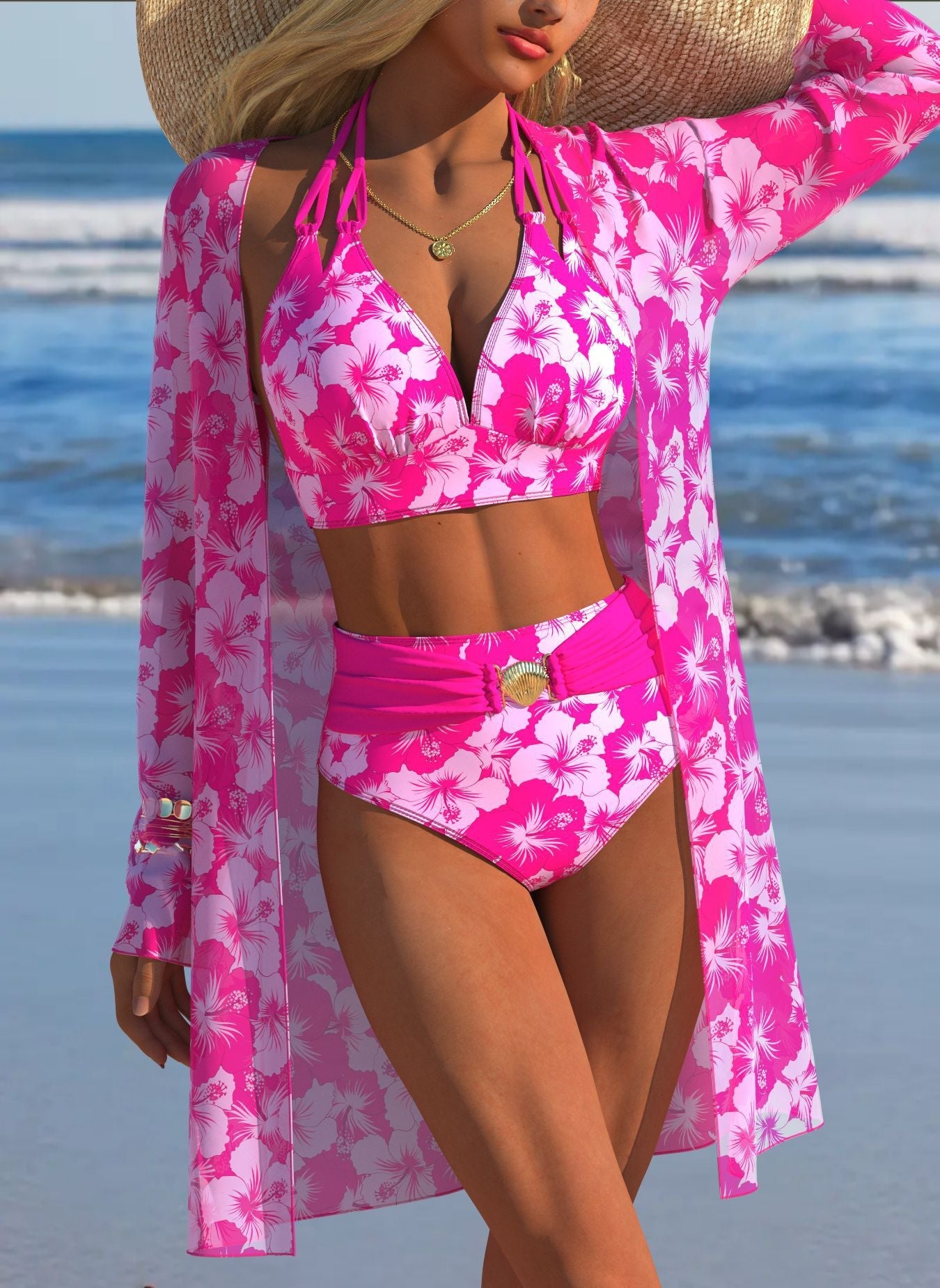 Damen Bikini-Set mit kreativem geometrischen Design und hohem Bund