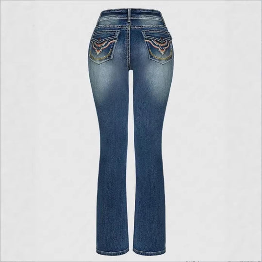 Damen Hochtaillierte Slim‑Straight Jeans mit V‑förmigem Bund und Superstretch-Denim Shop Nory