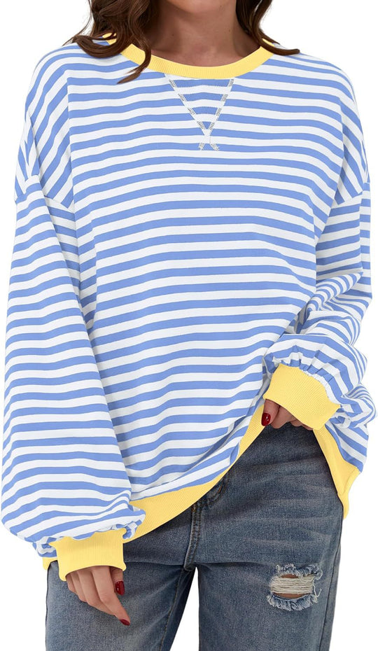 Damen lässiger Oversized Sweatshirt mit bunten Streifen und Kapuzenkordel