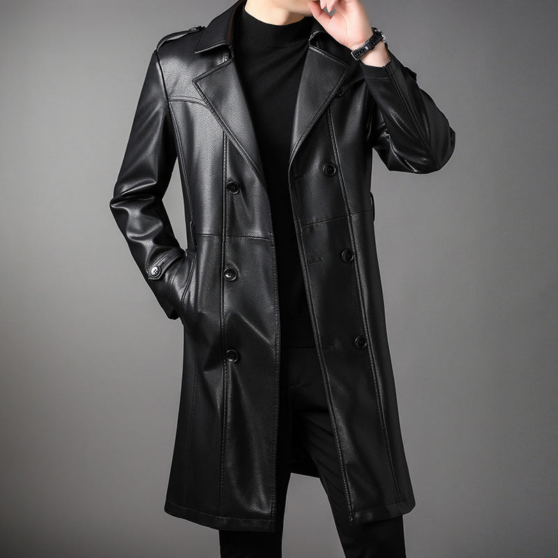 Herren Langer Ledertrenchcoat mit Taillengürtel und doppelreihiger Knopfleiste Shop Nory