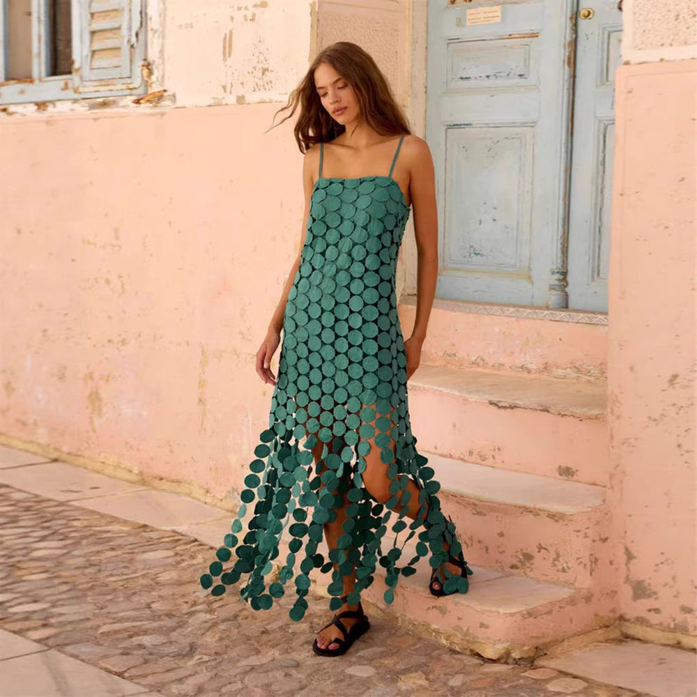 Damen Maxikleid mit dekorativen Häkelapplikationen und seitlichen Schlitzen